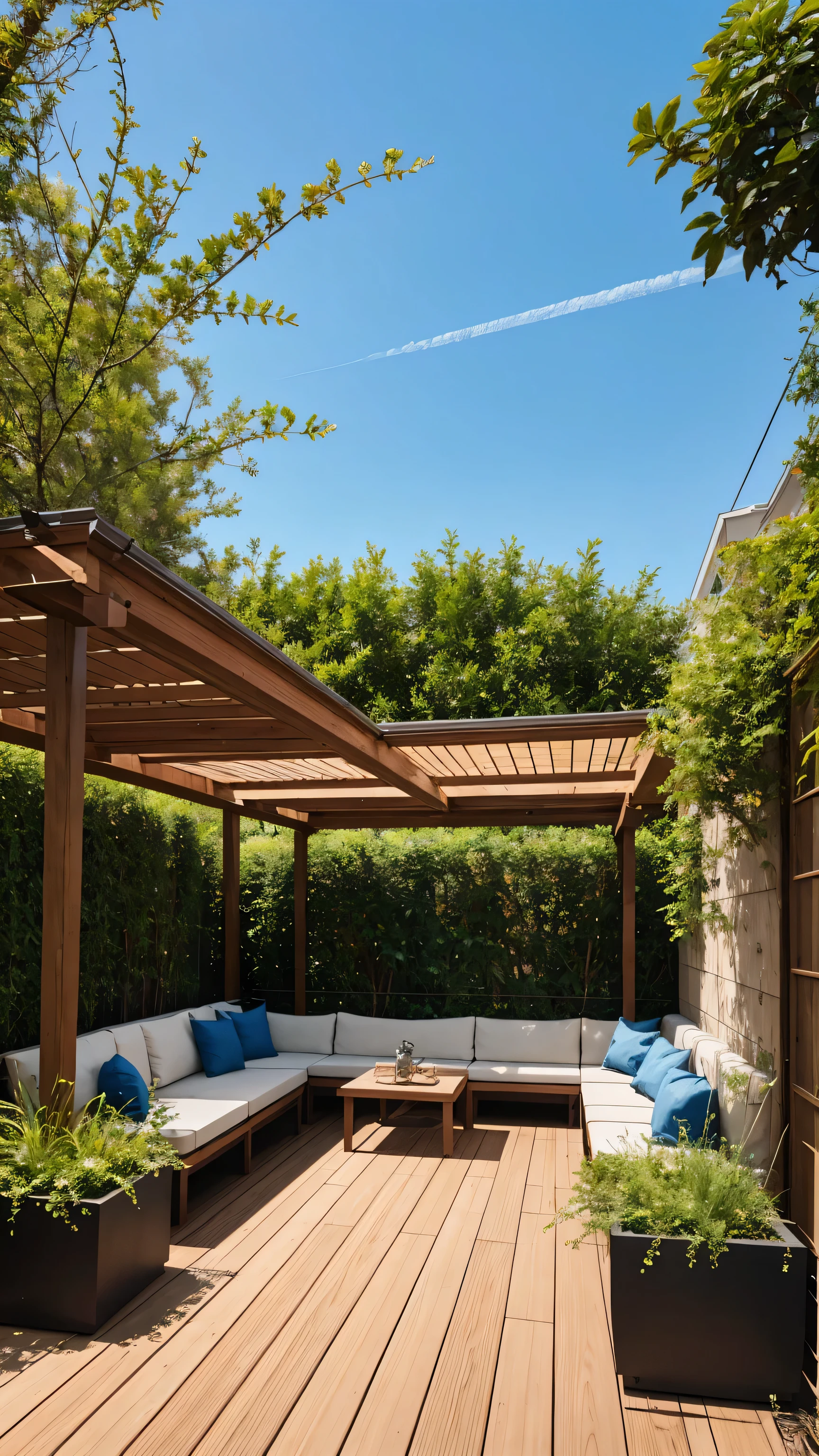 A serene rooftop garden with a view of the ocean, featuring chic wooden decking, a pergola draped with hanging plants, and custom-built cat bridges connecting various elevated platforms. The space is decorated with colorful, geometric-patterned outdoor furniture, and small water fountains for the cats to play in. The vivid green plants contrast beautifully with the deep blue sky and ocean. (Bohemian elegance, vibrant, high-end design, 8k)