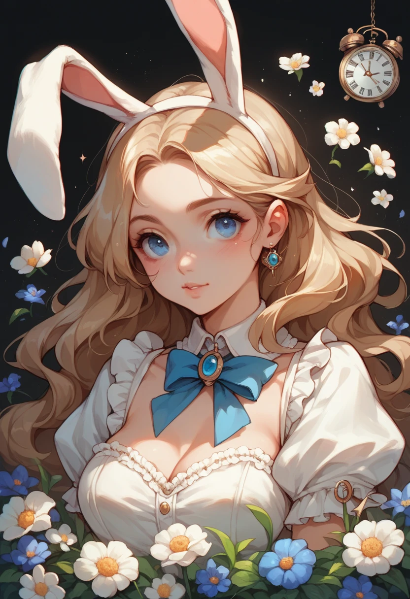 Beautiful blue eyes，Bunny ears，Similar to Alice，Black background，Clocks，Flowers，Half Body，Cute face with naughty expression