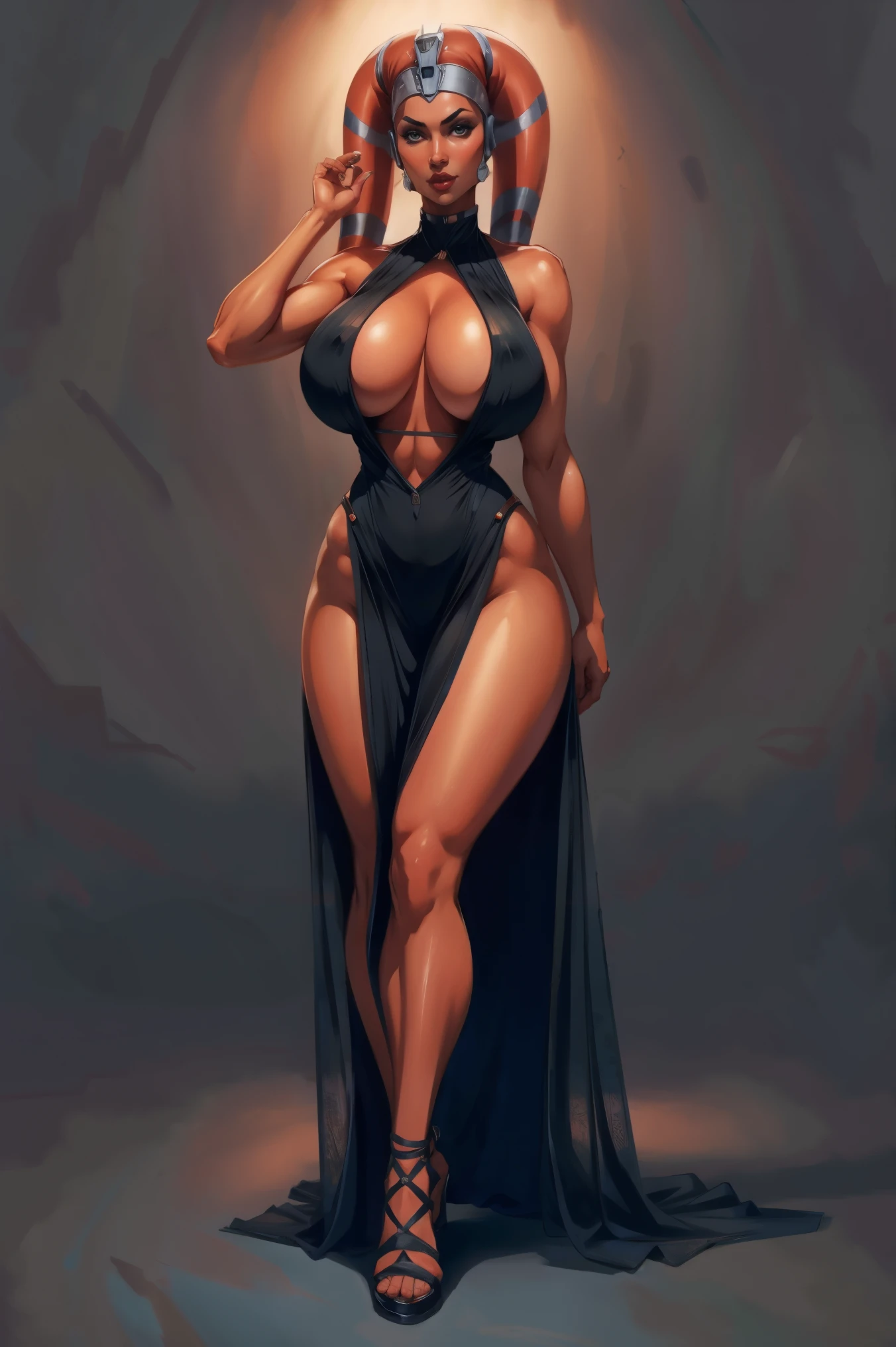 Tall Red Skin Twi'lek with (huge breasts) wearing a tight short black dress, short dress, high neck, sleeveless, (keyhole cleavage), huge breasts, cleavage, tall, graceful, (tall, long legs), toned, slim hips, small waist, full-body shot