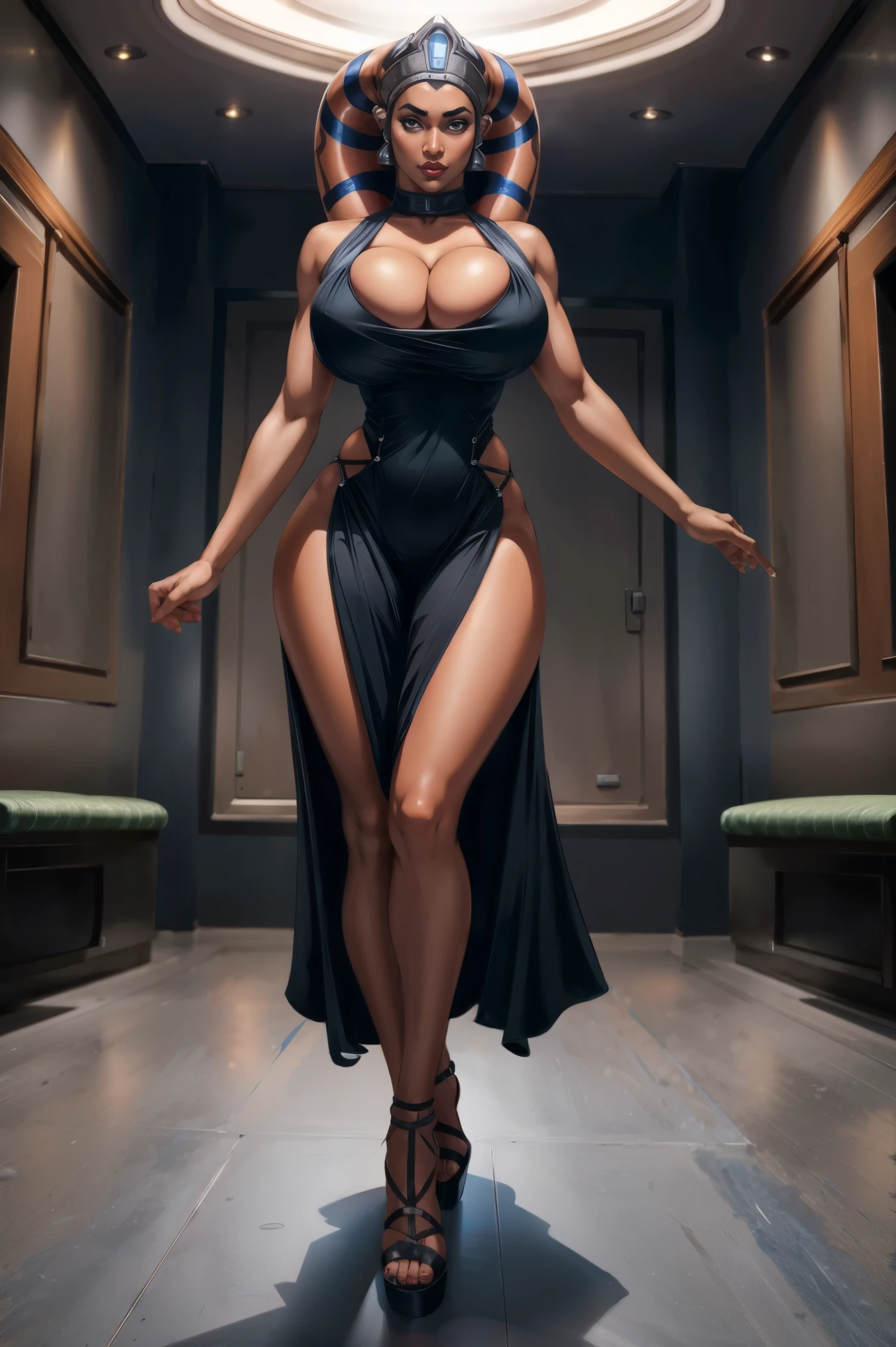 Tall dark Red Skin Twi'lek with (huge breasts) wearing a tight short black dress, short dress, high neck, sleeveless, (keyhole cleavage), huge breasts, cleavage, tall, graceful, (tall, long legs), toned, slim hips, small waist, full-body shot