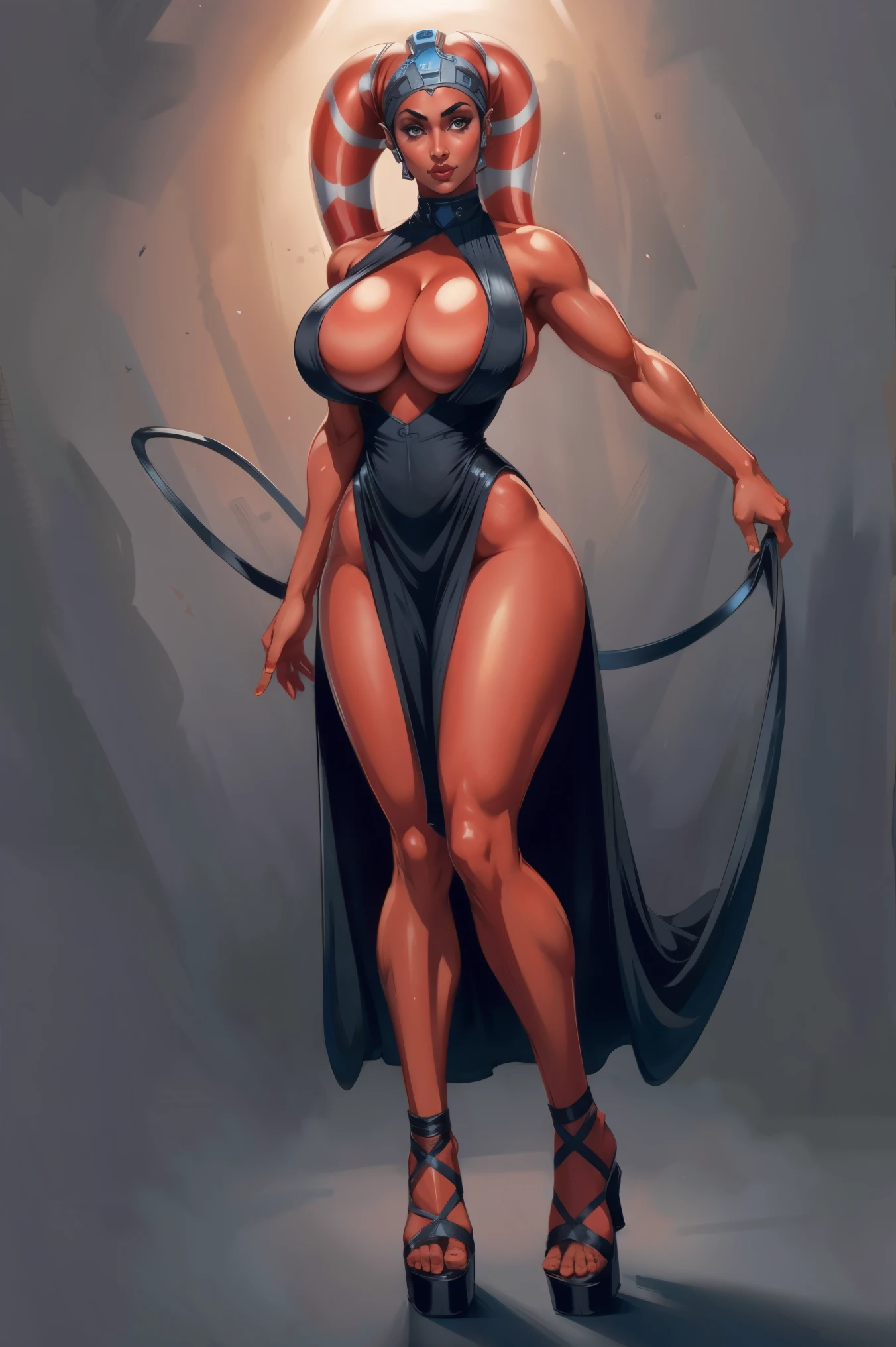 Tall bright Red Skin Twi'lek with (huge breasts) wearing a tight short black dress, short dress, high neck, sleeveless, (keyhole cleavage), huge breasts, cleavage, tall, graceful, (tall, long legs), toned, slim hips, small waist, full-body shot