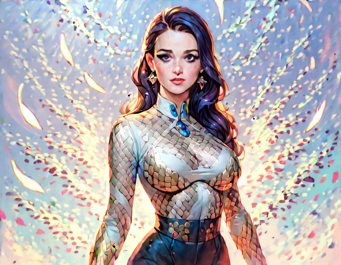Older female, gilf, mature, 6 arms, sparkling translucent sarong, shimmering long hair, hair covering breasts, glowing body lines, iridescent body, iridescent skin, thick lips, fangs, neon lipstick, ifbb, abs, small waist, skinny waist, narrow waist, thin waist, skinny, slender body, lean body, lean waist, trim waist, perspective, thick thighs, seethrough mesh seethrough pants, tight pants, breastplate of crystal, breastplate of diamond, salacious, malicious