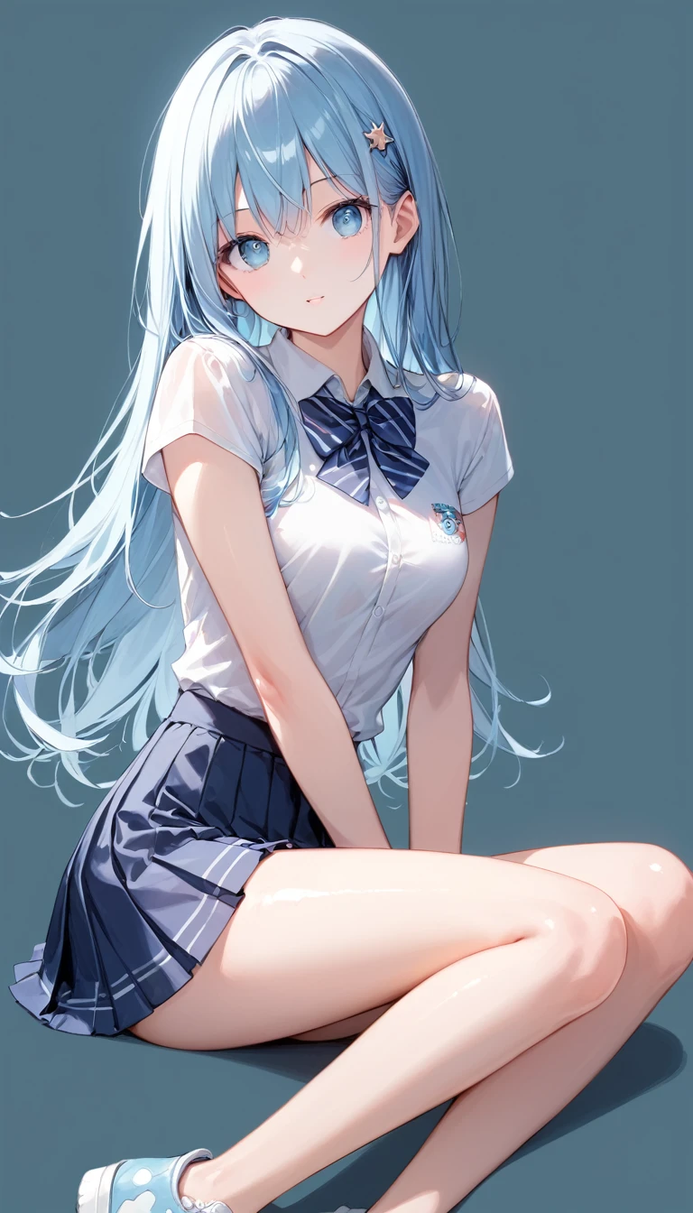 Score_9, Score_8_superior, Score_7_superior,sauce_anime, High-resolution images,masterpiece,Best Quality,girl,Cute Face,Beautiful Skin,Shiny Hair,Highly detailed eyes,Simple Background, Jojipan, Light pastel blue hair,Long Hair,mini skirt, elementary school student, Small body(White skin)、(Beautiful Skin)、(Slim body)、(Thin legs)、