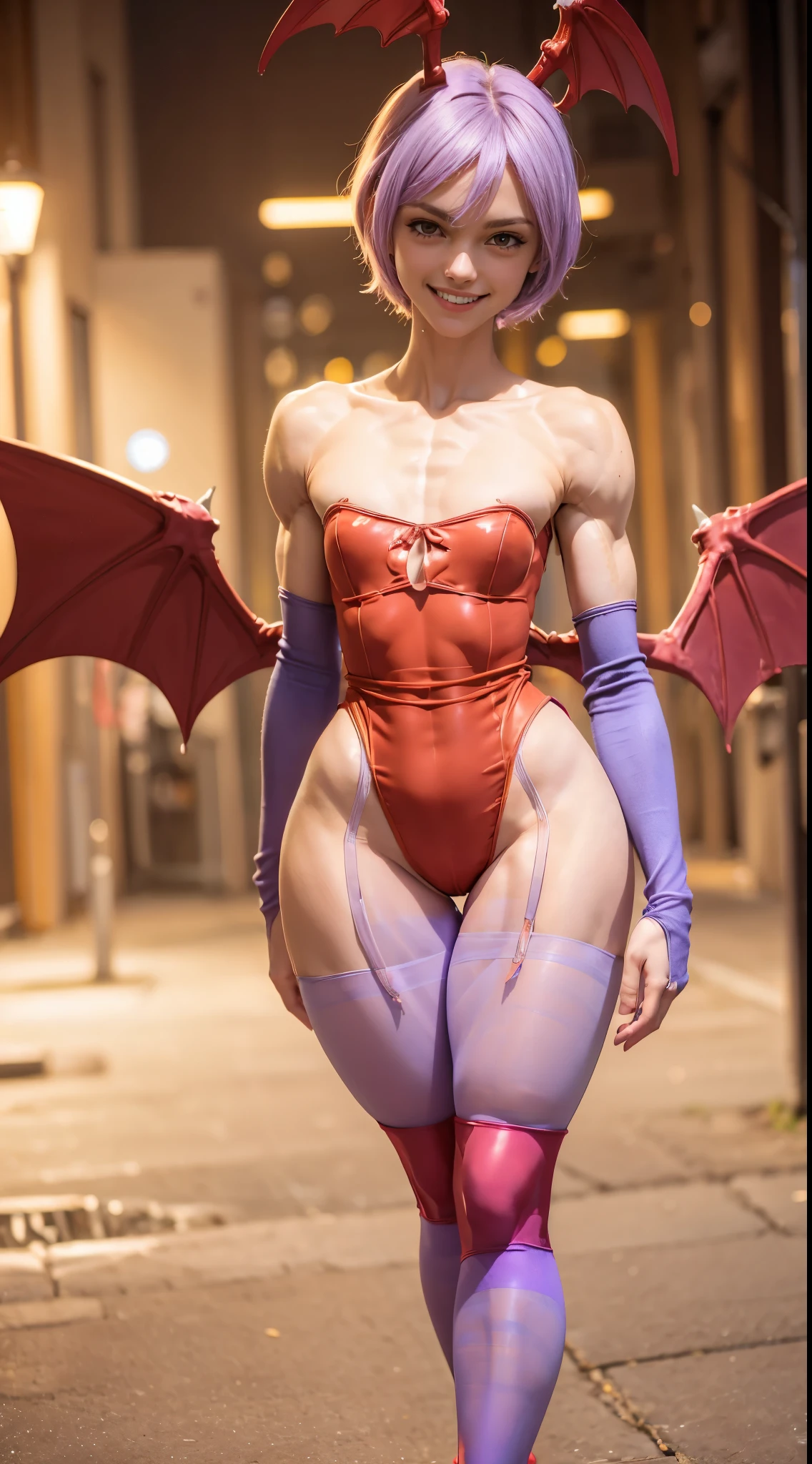 (Muscular:2.3), (thick thighs:2.4), 
(lilith aensland darkstalkers, adult:1.5), pink hair, smiling, demon, head wings, 
eyeshadow, earrings, red lips,
detailed eyes, (big smile:1.7), detailed skin,
flat chest, hard nipples,
(wings, (leotard:1.8), purple pantyhose, (long purple gloves):1.4),
(upper body view, cropped knees), (looking at viewer), (three quarter view:1.3),
(highrise apartement at night:1.2), rim lighting, two tone lighting, dimly lit, bokeh