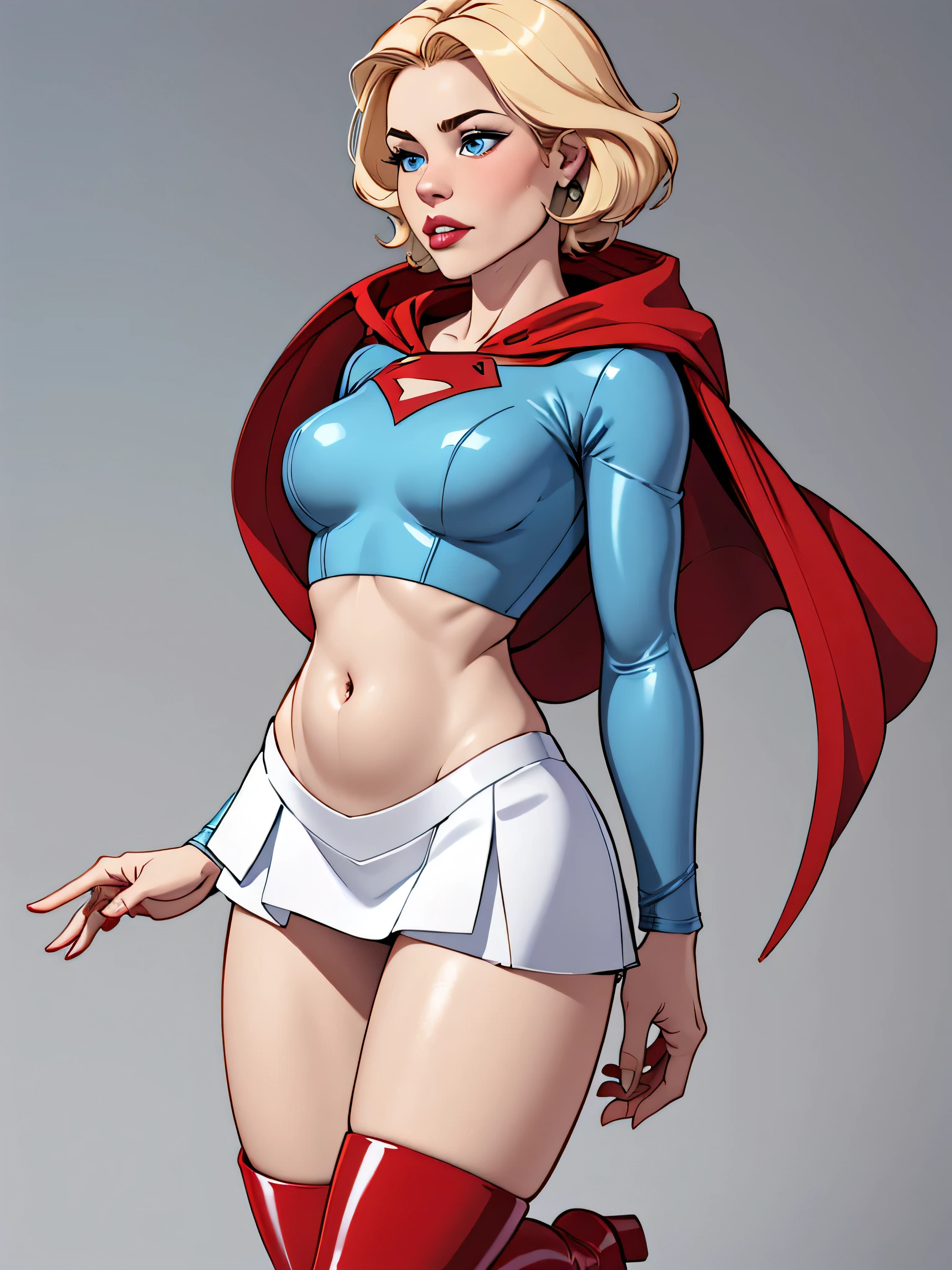 Blonde girl with short hair, blue eyes, wearing A pale blue latex long sleeve shirt showing belly, wearing a short white skirt and a A short red cape and red boots