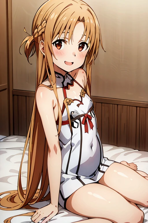 ((Best Quality)), ((masterpiece)), (be familiar with), Perfect Face, indoor, bedroom, Watching the audience,
One woman, Yuuki Asuna,
Open Mouth, Ecstatic expression, blush, smile,
Small breasts, Flat Chest, , , child, Girl,
Long Hair, Long Hair,
Leg spread,