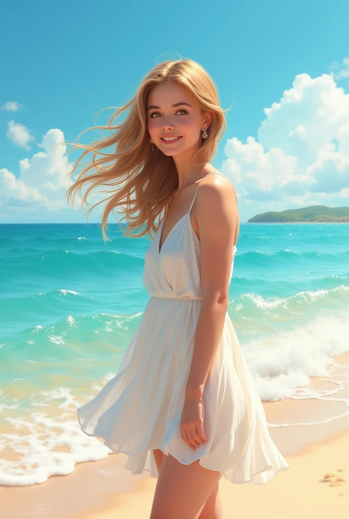 (Best quality), (Masterpiece), oil painting, (1girl), beautiful girl in sexy swimsuit, perffect body, big breast, at the beach, blue sky, clouds, sunny, sun hat, smile, good anatomy, golden ratio