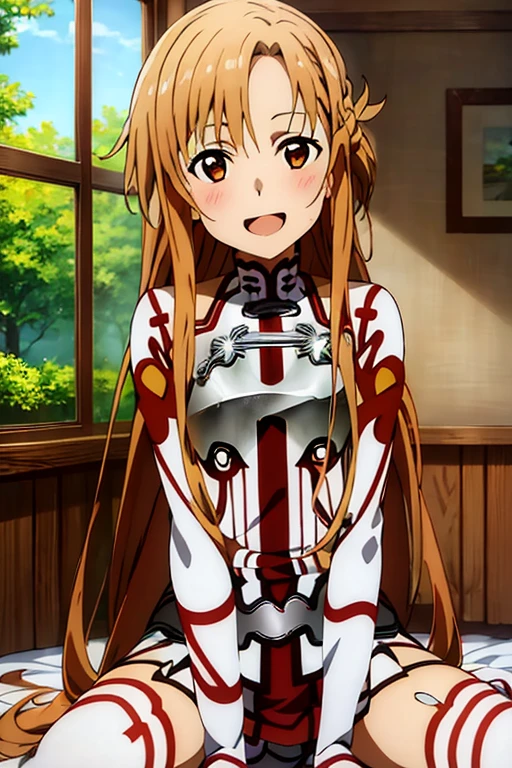 ((Best Quality)), ((masterpiece)), (be familiar with), Perfect Face, indoor, bedroom, Watching the audience,
One woman, Yuuki Asuna,
Open Mouth, Ecstatic expression, blush, smile,
Small breasts, Flat Chest, , , , Girl,
Long Hair, Long Hair,
Leg spread,