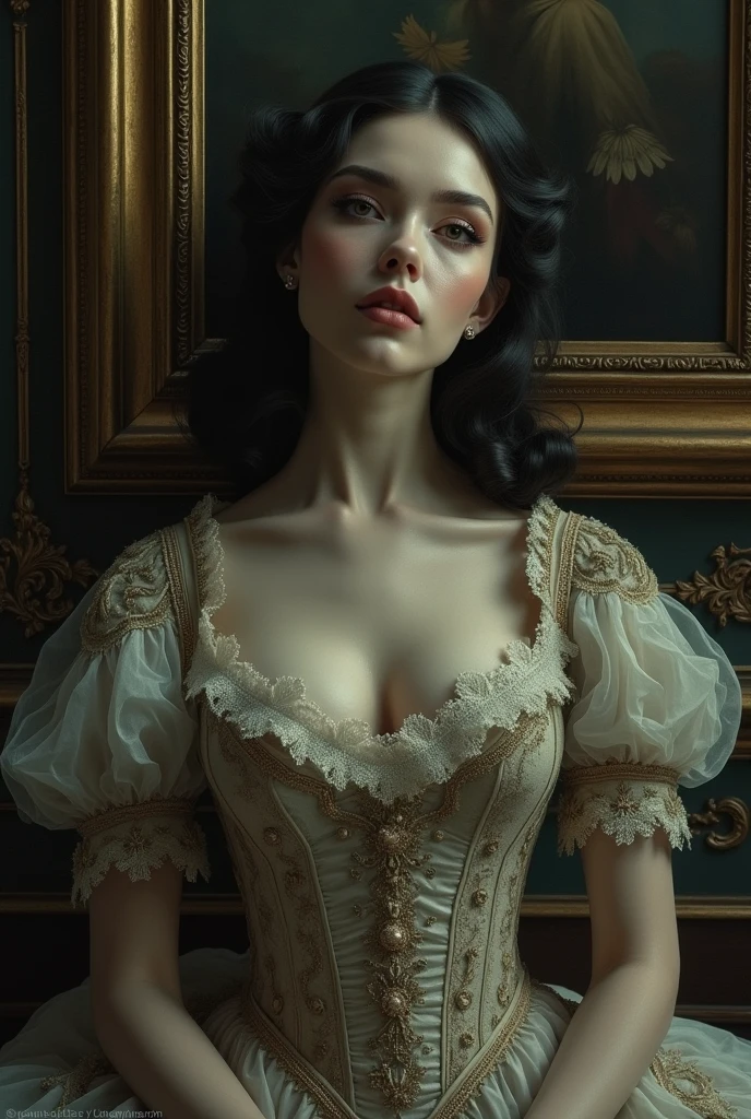 pale skin muscular goth brunette 13 year old girl huge breasts in the style of Anthony van Dyck