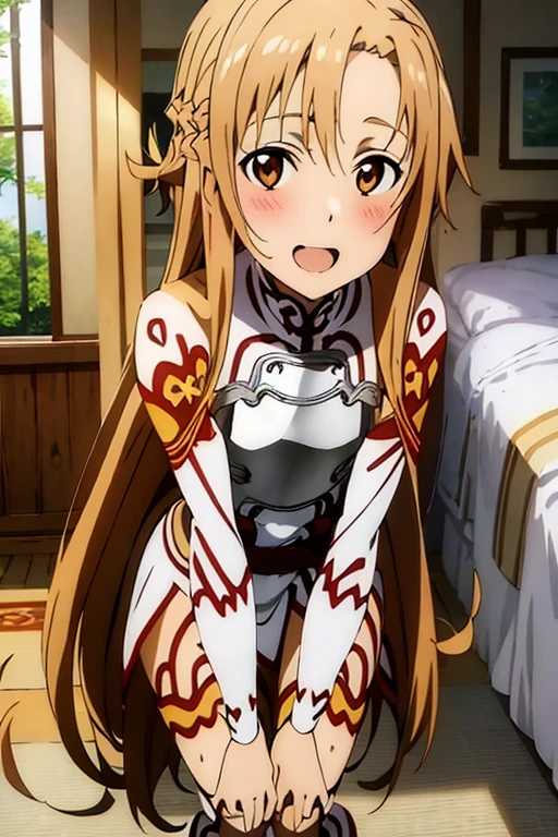 ((Best Quality)), ((masterpiece)), (be familiar with), Perfect Face, indoor, bedroom, Watching the audience,
One woman, Yuuki Asuna,
Open Mouth, Ecstatic expression, blush, smile,
Small breasts, Flat Chest, , , child, Girl,
Long Hair, Long Hair,
Leg spread,