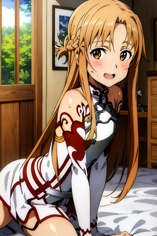 ((Best Quality)), ((masterpiece)), (be familiar with), Perfect Face, indoor, bedroom, Watching the audience,
One woman, Yuuki Asuna,
Open Mouth, Ecstatic expression, blush, smile,
Small breasts, Flat Chest, , , , Girl,
Long Hair, Long Hair,
Leg spread,