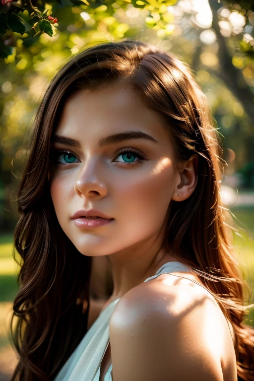 a very beautiful teenage girl, long flowing red hair, striking green eyes, delicate facial features, porcelain skin, elegant posture, serene expression, outdoors in a lush garden setting, sunlight filtering through the trees, colorful flowers blooming all around, (best quality,4k,8k,highres,masterpiece:1.2),ultra-detailed,(realistic,photorealistic,photo-realistic:1.37),portrait,cinematic lighting,vibrant colors,dramatic shadows