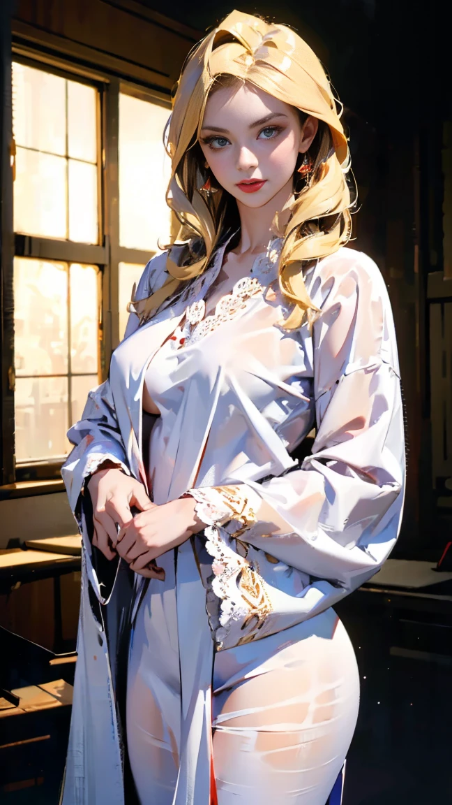 (highest quality, masterpiece:1.2), Ultra-high resolution, Realistic, Front lighting, Intricate details, Exquisite detail and texture, One girl, alone ,(young), Facial highlights, Upper Body, Detailed face, Teardrop Mole, white skin, Silver Hair, ponytail, Braid, View Viewer, Big eyes, silk robe, (Hollow pattern, white, silk), Earrings, Small breasts, The body is slim, Luxury Room, Professional Lighting, Photon Mapping, Radio City, Physically Based Rendering,