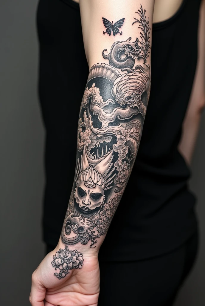 Calligraphy style, A japanse tattoo, A traditional japanese tattoo, Masterpiece, High quality, ultra details, A perfect skull with Japanese wave background and violet fire effects, skull, skull, skull, Upper arm tattoo, perfect skull anatomy, Super detailed, professional design by tattoo artist, Violet fire effects, 