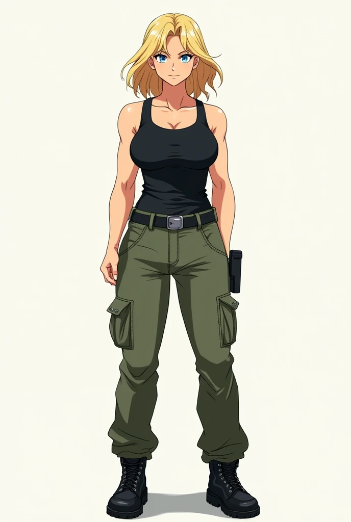 masterpiece, high quality, best quality, 1girl, (muscular female:1.0), (super gigantic breasts:1.0), (closed mouth, half smile), valmet, eyepatch, black hair, long hair, yellow eyes, black compression shirt, black camouflage pants, black belt with gold buckle, black combat boots, anime screencap, anime key visual, (fully clothed:1.0), full body <lora:Valmet:1>