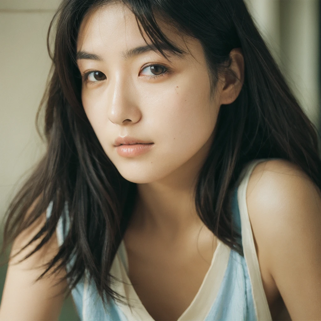 A hyper-realistic image of a single Japanese woman in her early 20s, captured with the nostalgic warmth and subtle graininess of a film camera. Her skin has a warm beige tone with a natural, slightly rough texture that includes visible pores, fine lines, and subtle imperfections such as small blemishes, adding to the authenticity of her appearance. The soft, diffused natural light enhances the film-like quality, casting gentle shadows that create a timeless, organic feel. Her straight, glossy black hair frames her face in a natural, slightly tousled manner, and her deep brown eyes reflect the ambient light, adding depth and emotion. The film camera effect introduces a slight grain and a softer focus, giving the image a warm, nostalgic atmosphere while maintaining the realistic texture of her skin. She is dressed simply, in a way that complements her natural beauty, with the overall composition designed to evoke a sense of genuine, understated elegance. The use of natural light, combined with the deliberately rougher texture of her skin and the film-like qualities, ensures that this image captures the imperfections that make her beauty truly lifelike, focusing solely on this one individual.