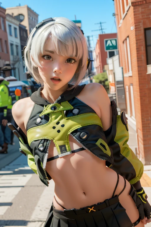 Anubidemara, Anbi Demara, (orange eyes:1.5), short hair, white hair,
Take a break bare shoulders, black glove, black skirt, black thigh high, fingerless glove, glove, green jacket, earphones, jacket, navel, skirt, abdomen, thigh high,
Take a break outdoors, city, abdomenฟ้า, cloud, sun, building, crowd, population, alley,
Take a break looking at viewer, (cowboy shoot:1.5),
Take a break (Masterpiece:1.2), best quality, high resolution, Harmony wallpaper 8K, (illustration:0.8), (Beautifully detailed eyes:1.6), Very detailed face, perfect lighting, The CG is very detailed., (perfect hand, perfect anatomy),(nsfw:1.4), orgasm, ahegao, tongue out 