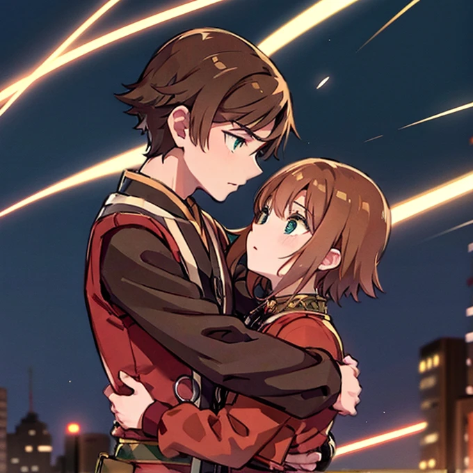 A girl with green eyes, short brown hair , red blouse with long sleeves, googles her hair, affectionately kissing a boy with short black hair on the lips, ojos marrones, lentes, red jacket with a night city behind them and shooting stars in the sky