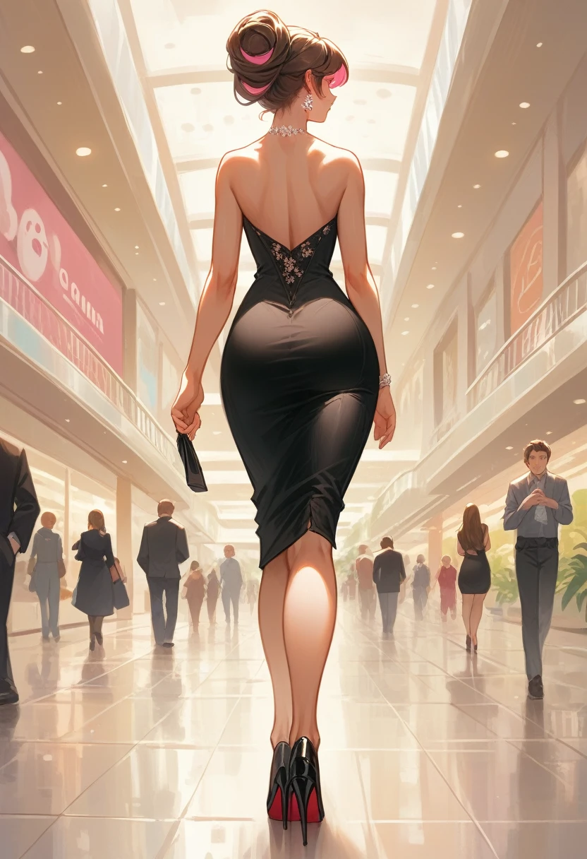 Make an anime style drawing of a white American woman with long brown hair and fairly big breasts. She is wearing a very very very short, small, tight, and revealing white dress and black high heels and a black purse. She is surrounded by paparazzi and cameras. She is young and very beautiful and around 18 years old