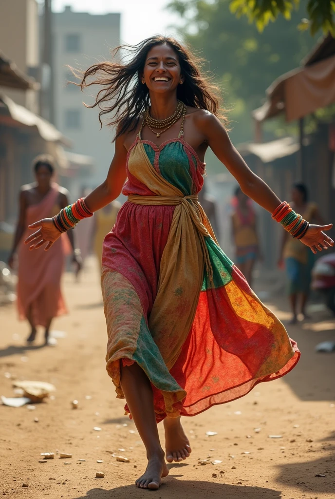 Generate a realistic and consistent image of Nma a very beautiful 28 years Nigerian princess, tieing rapper on her chest and waist decorated with beads on her hair and waist, dancing in the village square