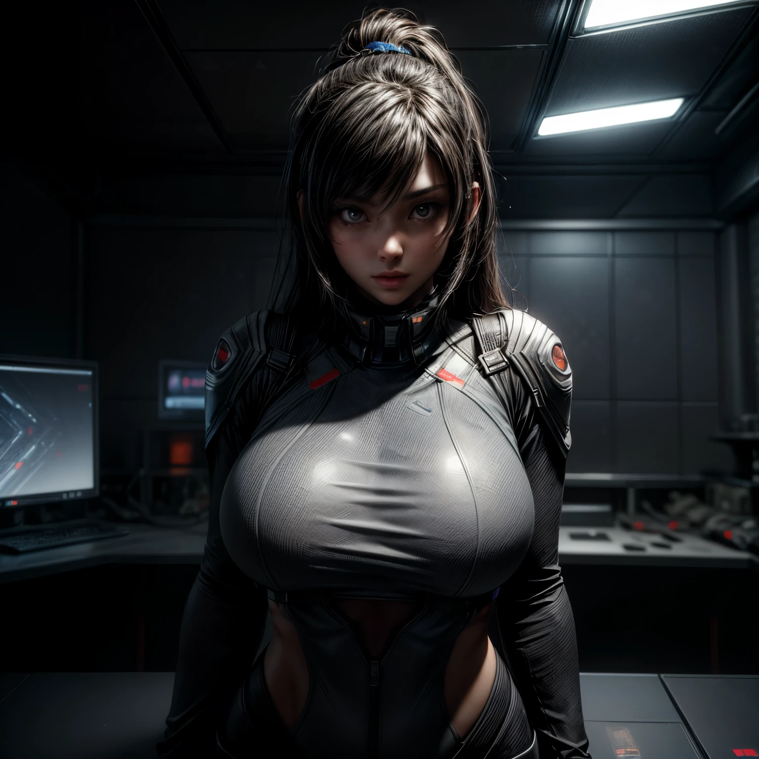 ((top-quality)), ((​masterpiece)), (detaileds:1.4), (Anatomically correct), 3D, A space station, computer lab, Beautiful Cyberpunk Woman Image,nffsw(HighDynamicRange),Ray traching,Hyper-Resolution,Unreal 5,Sub-surface scattering,PBR Texturing,Postprocess,Anisotropy Filtering,depth of fields,Maximum clarity and sharpness,multi-layer texture,Albedo and specular maps,Surface Shading,Accurate simulation of light-material interactions,perfectly proportions,Octane Rendering,Two-tone lighting,Wide aperture,Low ISO、White Balance、thirds rule、8K Raw、