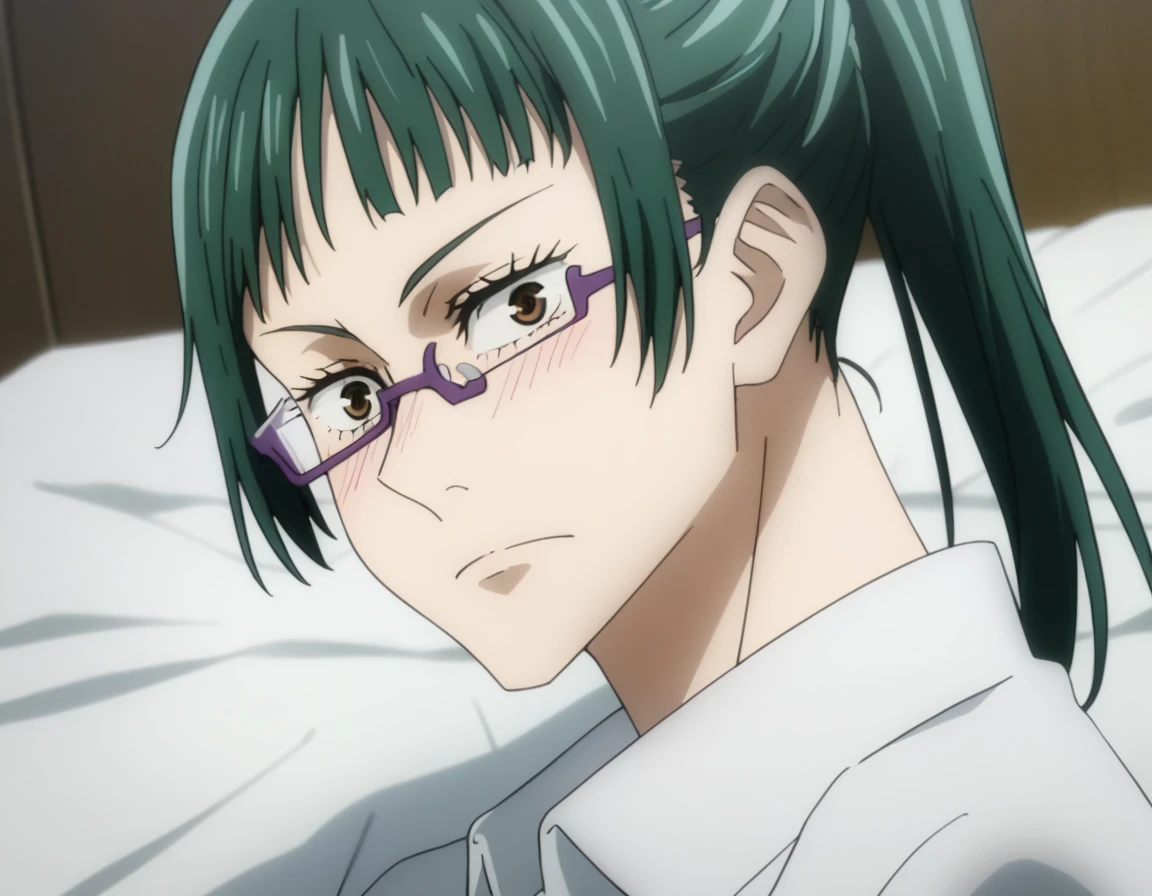 sauce_anime, ambient light,
jujutsu_kaisen_style, Maki Zenin ,1girl ,tall girl,,, green hair, ponytail, long hair, brown eyes, purple glasses, side locks,, close up face:0.2,  Perfect face, expressive eyes ,
nsfw, (show off nipples),undress white shirt, white lace panties,
indoors, bed, realistic bed room, (on side), 
cowboy shot, looking at below, solo, dutch angle, blush,, medium breast, 