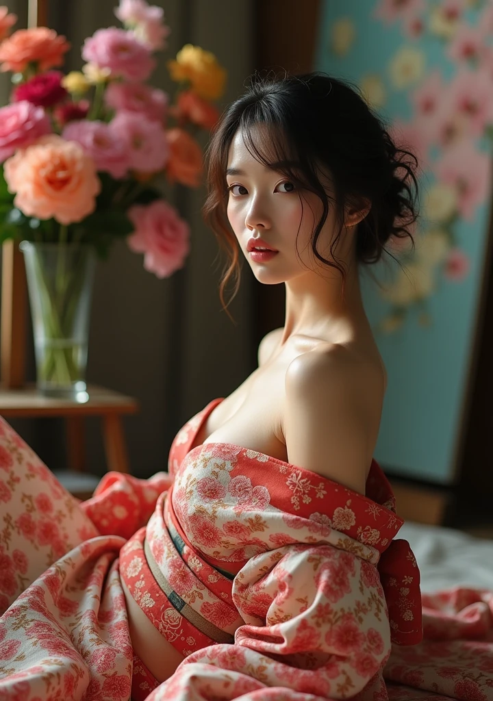 30 years old, (wearing kimono: 1.3), (), super disheveled, mouth open, high angle shot, best quality, ultra high resolution, 16k, masterpiece, sharp focus, clear gaze, (1 girl: 1.3),solo,Unity 16k wallpaper, chest is open kimono shifted and shoulders are visible, breasts are large, super detailed, beautiful and aesthetic, beautiful, masterpiece, top quality, kimono, silk robes, origami spells, elegance, disheveled, bust top, kimono up to the waist, violently disheveled, hair disheveled, oily skin, futon running over tatami room, hiding breasts with hands, historical mansion with dimly lit Japan, peony tatoo on the chest, ( Long hair hides the chest))), (((eyes closed))),(()))) pink aureola visible, (no panties: 1.7), innie, soft pubic hair , pink ?????? lips, showing small lips, wide spread legs