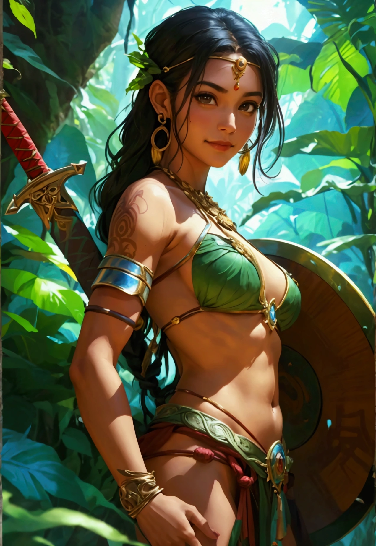 Woman in jungle costume holding sword and stick, gorgeous jungle ranger, ornate bikini armor, bikini-armor, Bikini Armor, Aztec warrior goddess, Wearing tribal armor, in monster hunter armor, Tribal armor, bikini armor female knight, bikini-armor, forest hunter lady, Amazon Warrior, armor girl, wearing monster hunter armor, aztec princess portrait, Green Armor