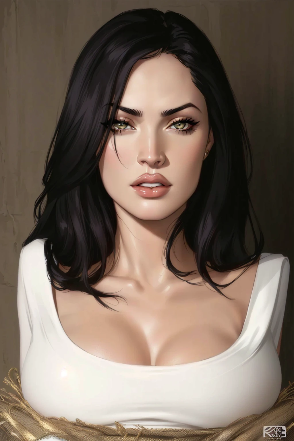 a close up of a woman with a white top and black hair, animatronic angelina jolie, portrait of megan fox as demon, portrait of megan fox as a queen, retouched in photoshop, megan fox portrait, portrait of megan fox, she has black hair, with black hair, megan fox with heavy eye makeup, photoshopped, flora borsi