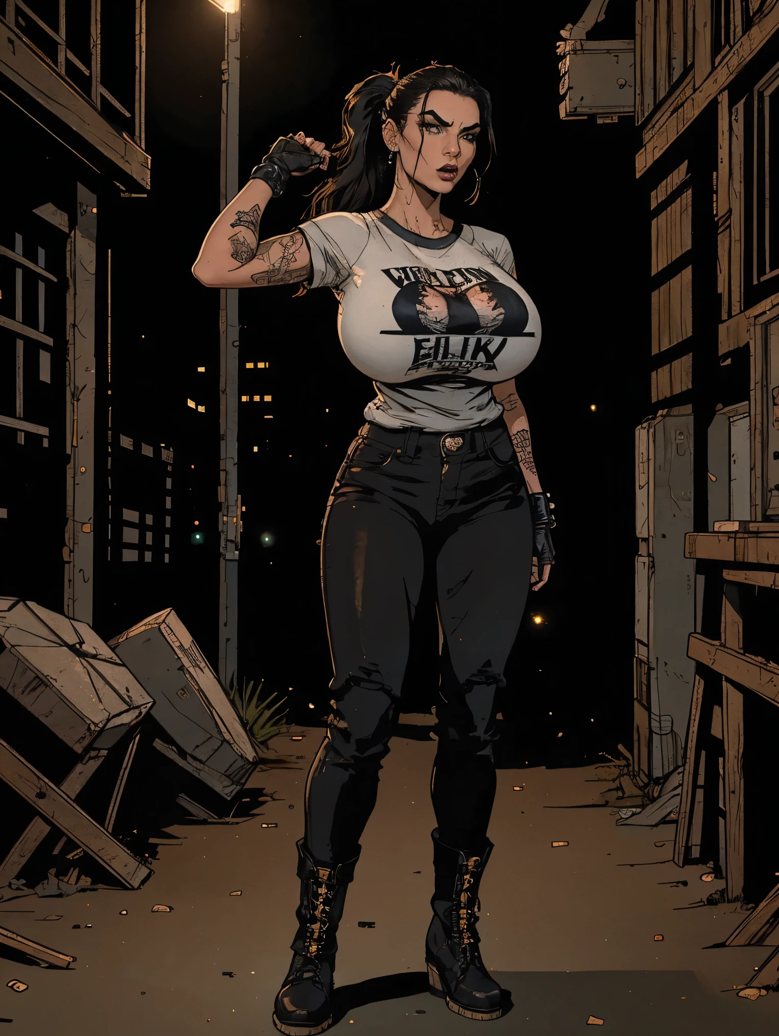 Extremely busty thin and toned brunette death metal girl, strung out, sleepy, stoned, fair skin, big hair, huge ponytail, hair pulled back, soft face, athletic, heavy makeup, piercings, t-shirt, tee shirt, studs, black pants, boots, fingerless gloves. black butterfly tattoos. standing in a dark alley at night. Outdoors, exterior, Nighttime. neon lights. (detailed background.) Grim. sly, bitter, evil, mean, angry.