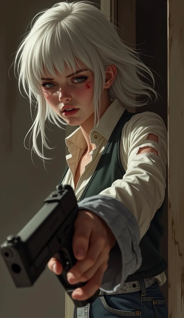 （lifelike， high - resolution：1.3）， 1 girl with a perfect body，slender body, Super fine face and eyes，assasin, dark makeup, shiny skin，white hair,((torn and ripped jungle clothes underneath lab coat)， Expose cleavage, extravagant makeup, pink eyeshadow, dark makeup, (((firing,bullet,gun,light particles))), holding gun, shocked expression,  pointing gun, action pose, extravagant makeup, leopard print, lab coat, savage lands, feral lands
