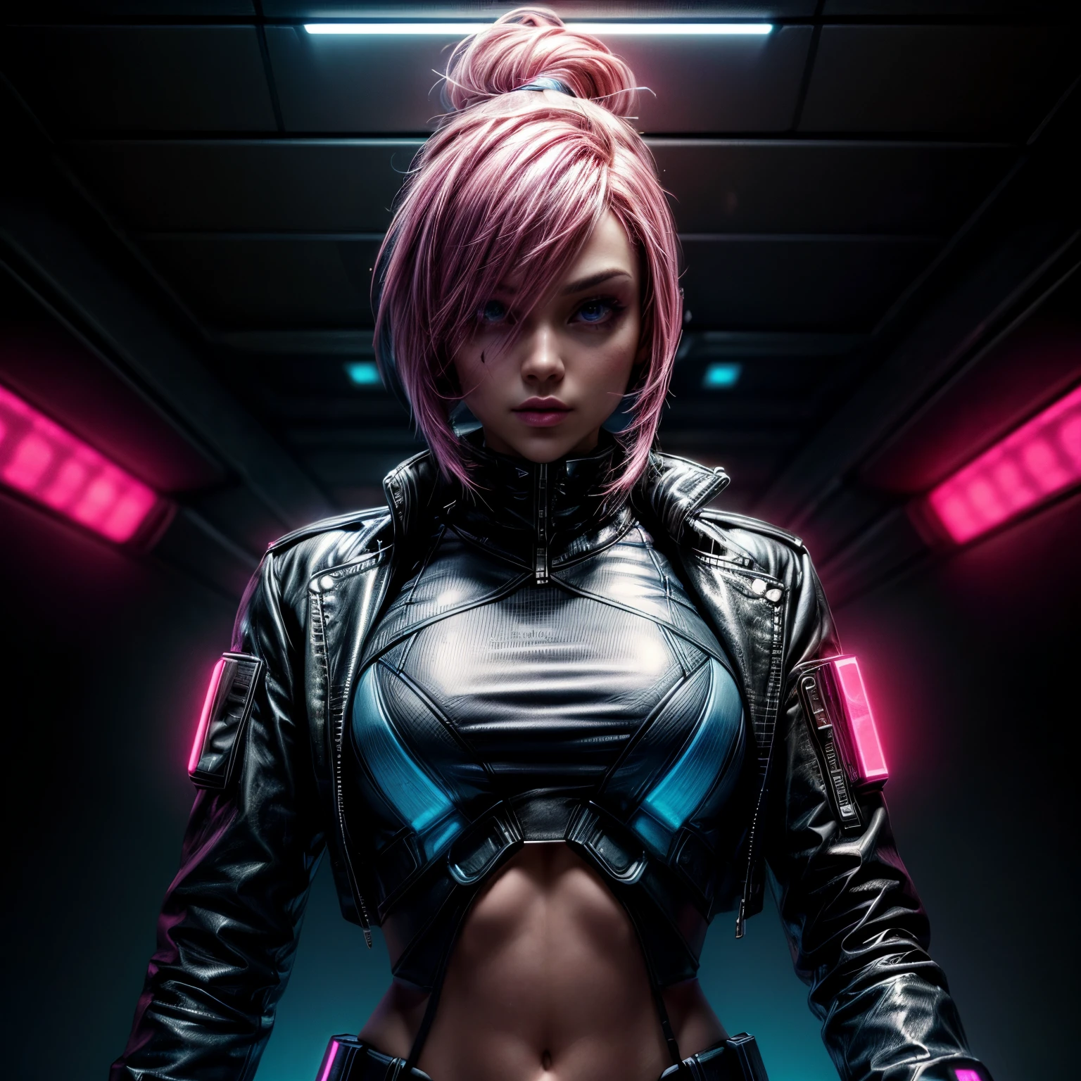 ((best quality)), ((masterpiece)), (detailed),
Futuristic hacker, (Navigating cyberspace: 1.3), (Uncovering classified secrets: 1.2), (Fighting against oppressive regimes: 1.2), vibrant pink hair, leather jacket adorned with neon circuitry, glowing blue cybernetic implants.