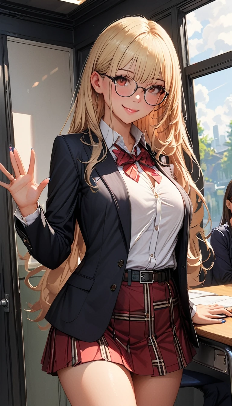(maximum resolution: 1.2), (ultra high definition:1.2), cinema light, 8K resolution, fine eyes and skin, detailed face, (The focus is on the face:1.2), perfect style, cute face, Accurate, anatomically correct, Highly detailed face and skin texture, double eyelid, thin eyebrows, glitter eyeliner: 1 natural cheek, shiny skin, Fair skin, Glossy skin: 1.2, (glossy lips: 1.4), (embarrassed look: 1.2), 17 year old woman, (highest quality:1.2), (angle from below:1.2), cinematic lighting, perfect style, beautiful face, blush, humiliation, impatience, glare, embarrassing, surprised expression, smile, (school uniform:1.5), (Plaid pleats mini skirt:1.5), light brown hair, (fascinating body:1.2), (flat chest:1.0), ultra fit clothes, Glasses,
