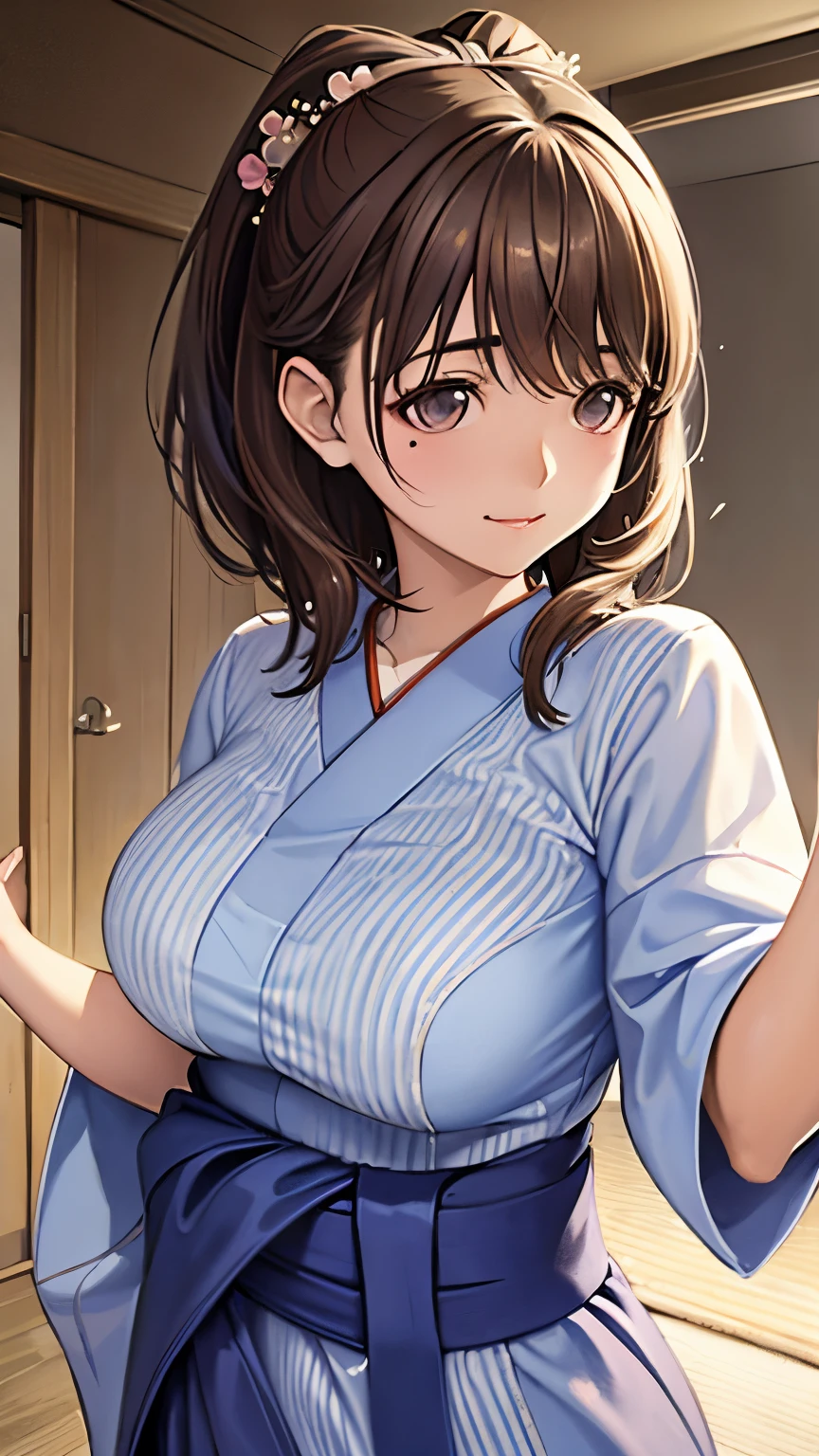 Cute little beautiful girl、、naked、(Blushing and disgusted:1.5)、Embarrassed、Brown skin、Open yukata、Beautiful breasts,Tied up hair、