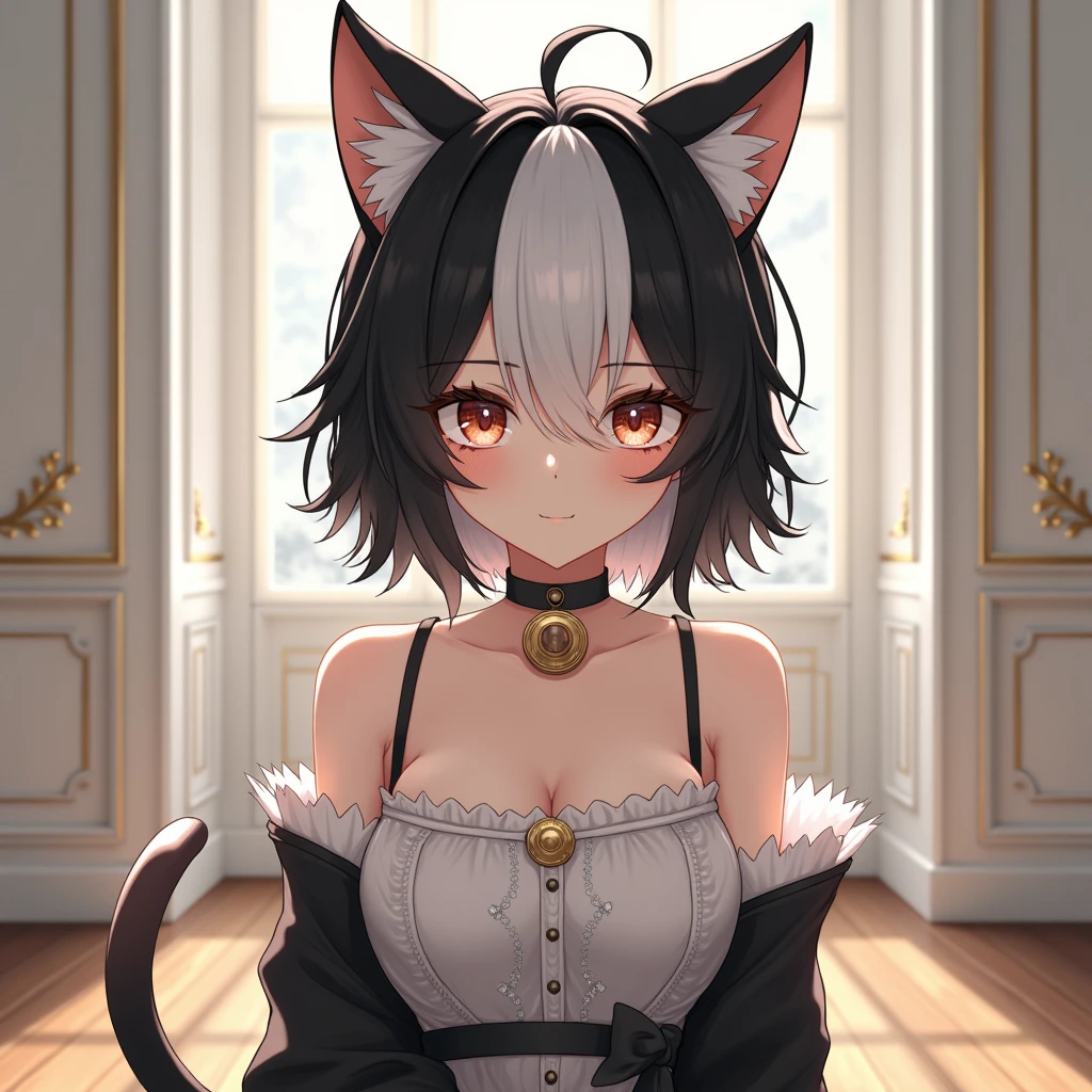 1girl, solo, catgirl, yellow eyes, gray cat ears, gray fluffy cat tail, medieval attire, sitting, smiling, (best quality, 4k, 8k, highres, masterpiece:1.2), ultra-detailed, (realistic, photorealistic, photo-realistic:1.37), HDR, UHD, studio lighting, ultra-fine painting, sharp focus, physically-based rendering, extreme detail description, professional, vivid colors, bokeh, fantasy, portrait