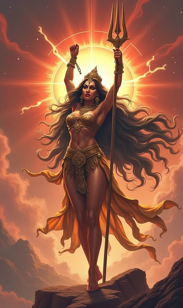 (gorgeous, beautiful, enchanting:1.3), detailed eyes and face, long eyelashes, dark swirling hair, fierce expression, multiple arms, snake wrapped around her waist, holding a traditional weapon, vibrant colors, traditional Indian attire, intricate jewelry, divine aura, surrounded by flames and skulls, magical and mystical atmosphere, traditional Indian artwork style, high contrasting colors, soft and glowing lighting, ethereal background. (Only Wear Bikini )