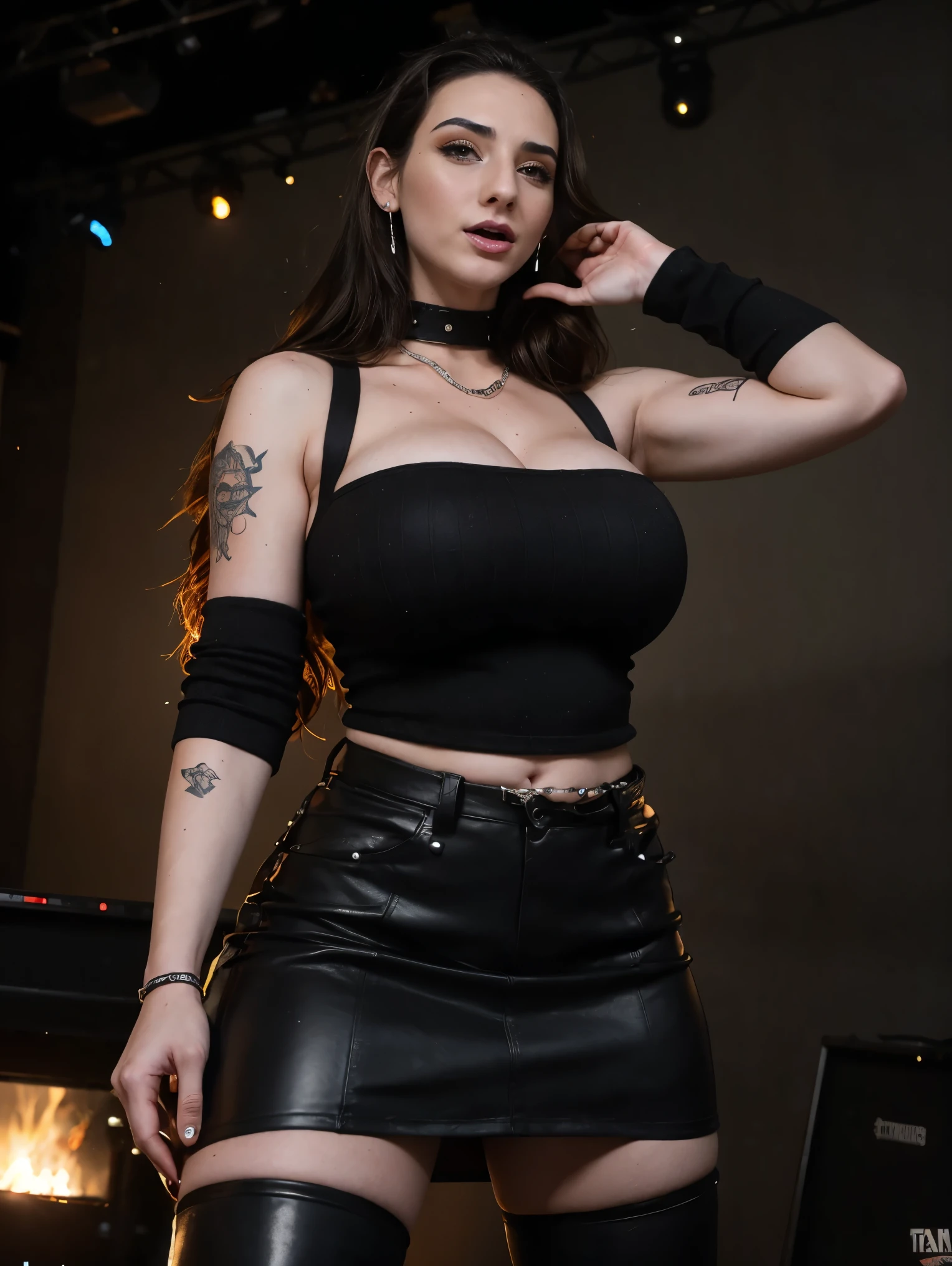 Extremely busty thin and toned brunette death metal singer, college girl, fair skin, big hair, hair pulled back, soft face, athletic, heavy makeup, piercings, black leather, studs, tight black top, boots, fingerless gloves, tight skirt, chains. standing on a stage, pyrotechnics, holding a microphone, metal concert. (microphone, fist in the sky), angry, rage, screaming. Heavy metal. Death metal. Explosions, fire.
