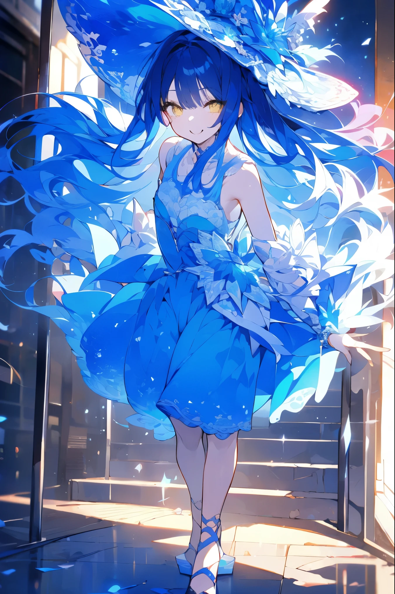 Kamisonoda, Umi Sonoda, Long Hair, Blue Hair, (Yellow Eyes:1.5) (Flat Chest:1.2),White hat,happy smile, smile, Open your mouth,blush,Blue sleeveless dress,Bare arms､Blue long skirt,Cute Sandals,Daytime,Clear skies,whole bodyがイラストに入るように,Walking,
break looking at viewer,whole body,
break outdoors, In town,Building district,Coastal Road,
break (masterpiece:1.2), highest quality, High resolution, unity 8k wallpaper, (figure:0.8), (Beautiful fine details:1.6), Highly detailed face, Perfect lighting, Highly detailed CG, (Perfect hands, Perfect Anatomy),