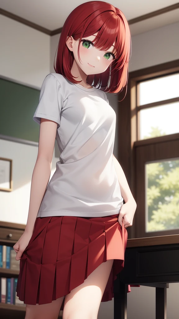 A 17 year old girl, she has short red hair, and she has a face that seems shy, and black glasses that have half a frame. She wears school clothes