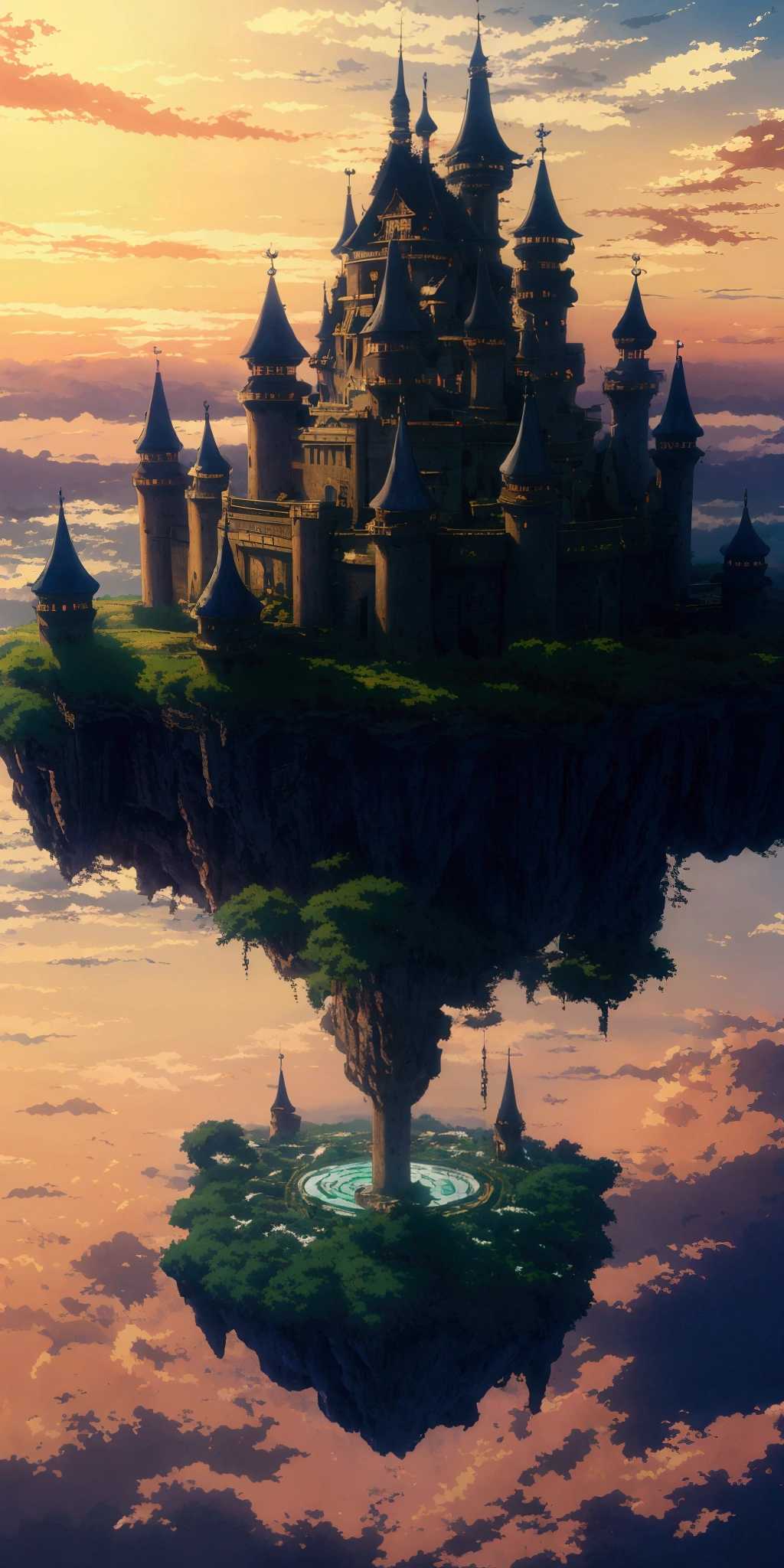 masterpiece, best quality, ultra-detailed, high resolution,High quality, high definition images, full HD, 8k,(anime style:1.3), Beautiful views、Mysterious Landscape、Floating Castle