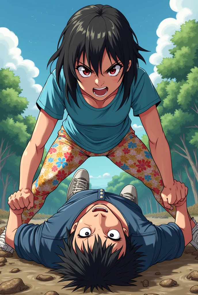 anime art, The girl lifted and held the man high above her head, one hand holds the man by the groin, view from the back, full height