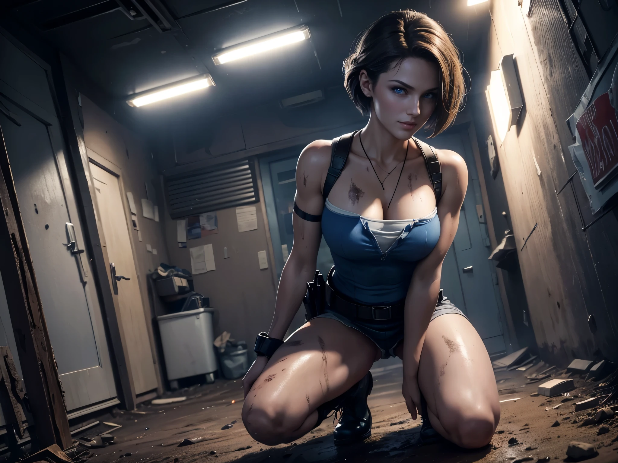 Jill Valentine da resident evil,(best qualityer,4K,8k,high resolution,work of art:1.2)(weather: rain), single girl, back alley background, city ruins, wide hips, thick thighs, short curly hair, brown hair, blue strapless leotard, tight black mini skirt, tall boots, harness, police gear, kneeling down pose, ultra detailed,portrait,realistic,beautiful detailed blue eyes, beautiful detailed lips,extremely detailed eye and face, long eyelashes,average, medium breasts,flying hair,beaming smile, sexy smile,powerful girl, bright coloured, dramatic lighting, torn clothes, muddy body,