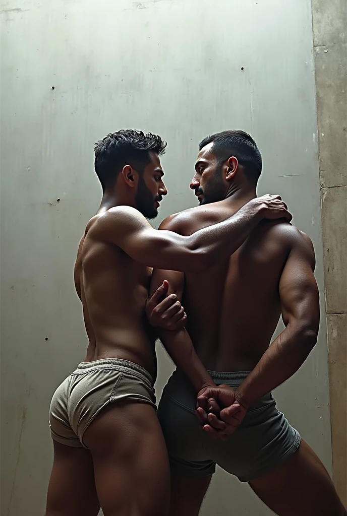 2  boys, musculosos, completamente desnudos, abrazados y besandose.