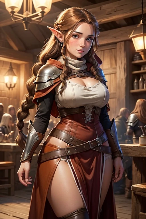 Hunter girl in fantasy tavern, masterpiece, ultra high contrast, intricate details, insane details, 8k