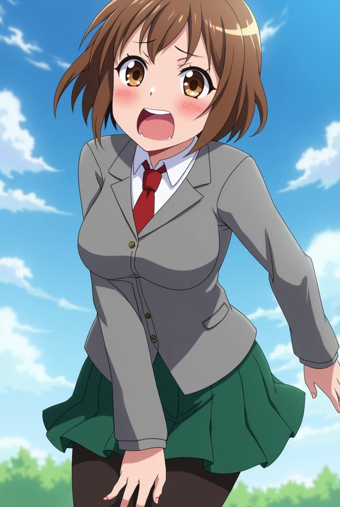 urarachako boku no hero academia 1girl, thick_eyebrows blush_stickers, brown_hair, brown_eyes, short_hair, sideburns, enormous breasts, skindantation, smile :D blush, , nudity, topless red_necktie,too short moss green pleated_skirt, black stocking:1.5, exposed breasts, slutty, breasts out, sleeveless, abstract background