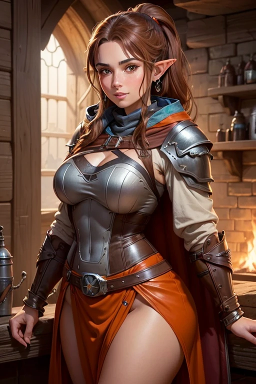 (((Single character image.))) (((1girl))) (((Luxurious hair and sexy smirk.))) (((18 years old.))) (((18yo.))) A stunning 18-year-old fantasy adventurer, dressed in medieval attire inspired by adult film star Larkin Love, with a fierce gaze and beautiful shoulder-length hair. She's a wild pirate at heart, flaunting her athletic physique beneath black clothing. Her charming smile and confident demeanor are irresistible, making her a captivating heroine for any Dungeons & Dragons quest. In this epic masterpiece, she stands centered, surrounded by intricate details and textures that leap off the 8K wallpaper, making her appear as real as you'd want her to be.