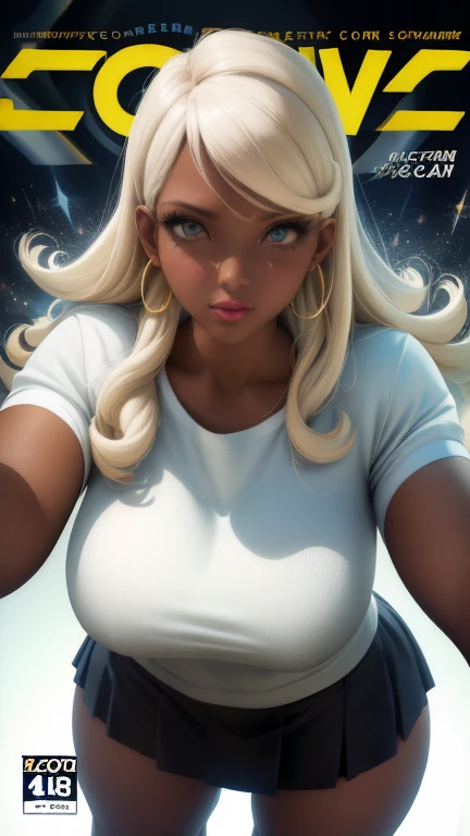  ( Cover comic magazine:1.6) (best quality:1.5, highres, UHD, 4K, detailed lighting, shaders), white curly floral haired, gradient hair, large breasts, suit, T-shirt, social shirt, short skirt, mature woman , (pov), white background, colorful eyeshadow, dramatic lighting, sparkling eyes, sensual expression, golden earrings, flowing hair, delicate facial features, dark skin, high cheekbones, urban setting, black background, dont look for the camera, lean forward,  behind  the camera