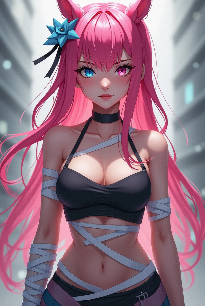 (((Masterpiece))), (((Best Quality))),Ultra High Resolution, Caustics, Detailed, (Beautiful Detailed Eyes),Perfect Anatomy, nsfw, (1 2D anime girl), intricate details, chromatic aberration), (realistic), (skin), ((breathe)), pink purple multicolor hair, long hair, fine hair, blue highlights, studio background, small earrings, clear eyes, purple eyes, choker, ((black crop top, thin material, mini skirt)), open waist, (symmetrical eyes), (perfect symmetrical body), night, (((Natural light))), Backlight, dim lighting ,look at the audience, (((center shot, From before, face and waist))), (big breasts), cleavage, long thin material sleeves, ponytail with two wisps front, sexy cloth, back bikini, small waist, big thighs, hour glass type body,