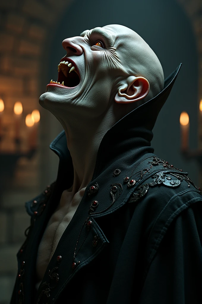 young man 19 years, ((best quality)), ((masterpiece)), (detailed), (Full body), perfect face, a beautiful and sexy demon, he has white hair and sky blue eyes, his teeth are sharp and pointed. His hands are stained with blood.