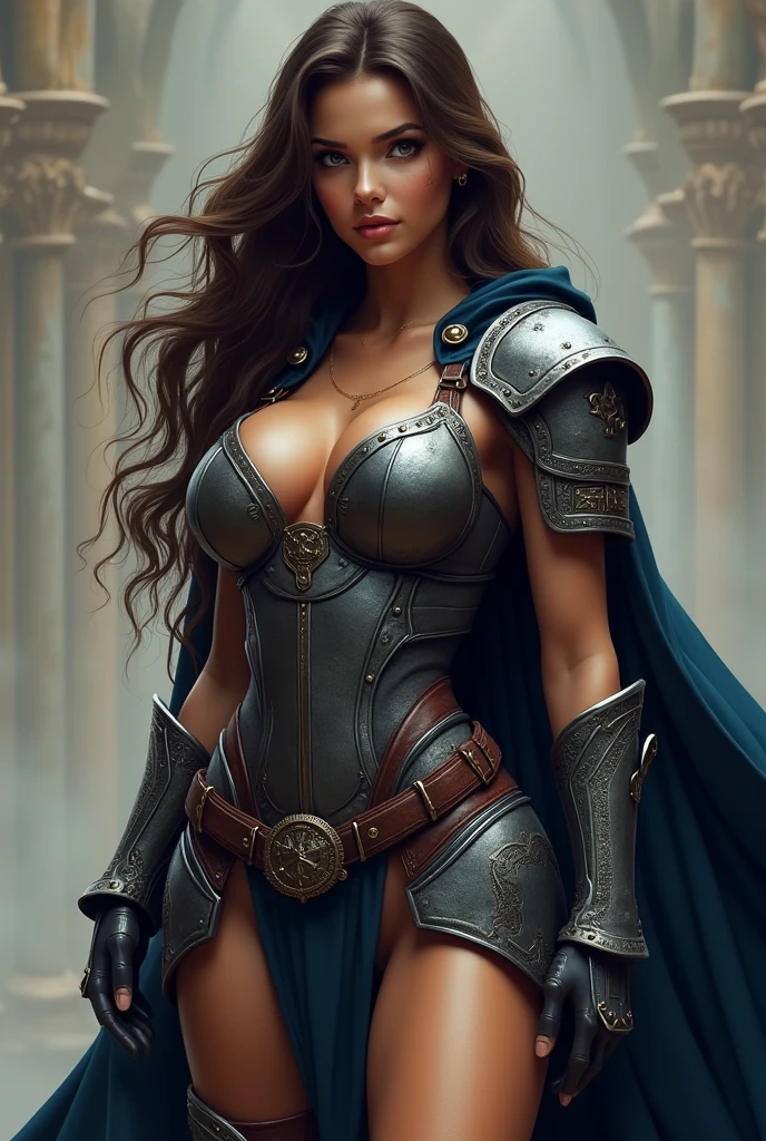A close up portrait image of a Dungeons and Dragons Character, D&D, D&D artwork, D&D art style, a heroic warrior woman, wearing chainmail and a long dark cloak, busty, large swelling breasts, heaving breasts, muscle mommy, thicc, attractive, (highly detailed face), ferocious woman, wielding a long sword, dark dungeon background, mid battle, during combat, (best quality), (high resolution), ((masterpiece))